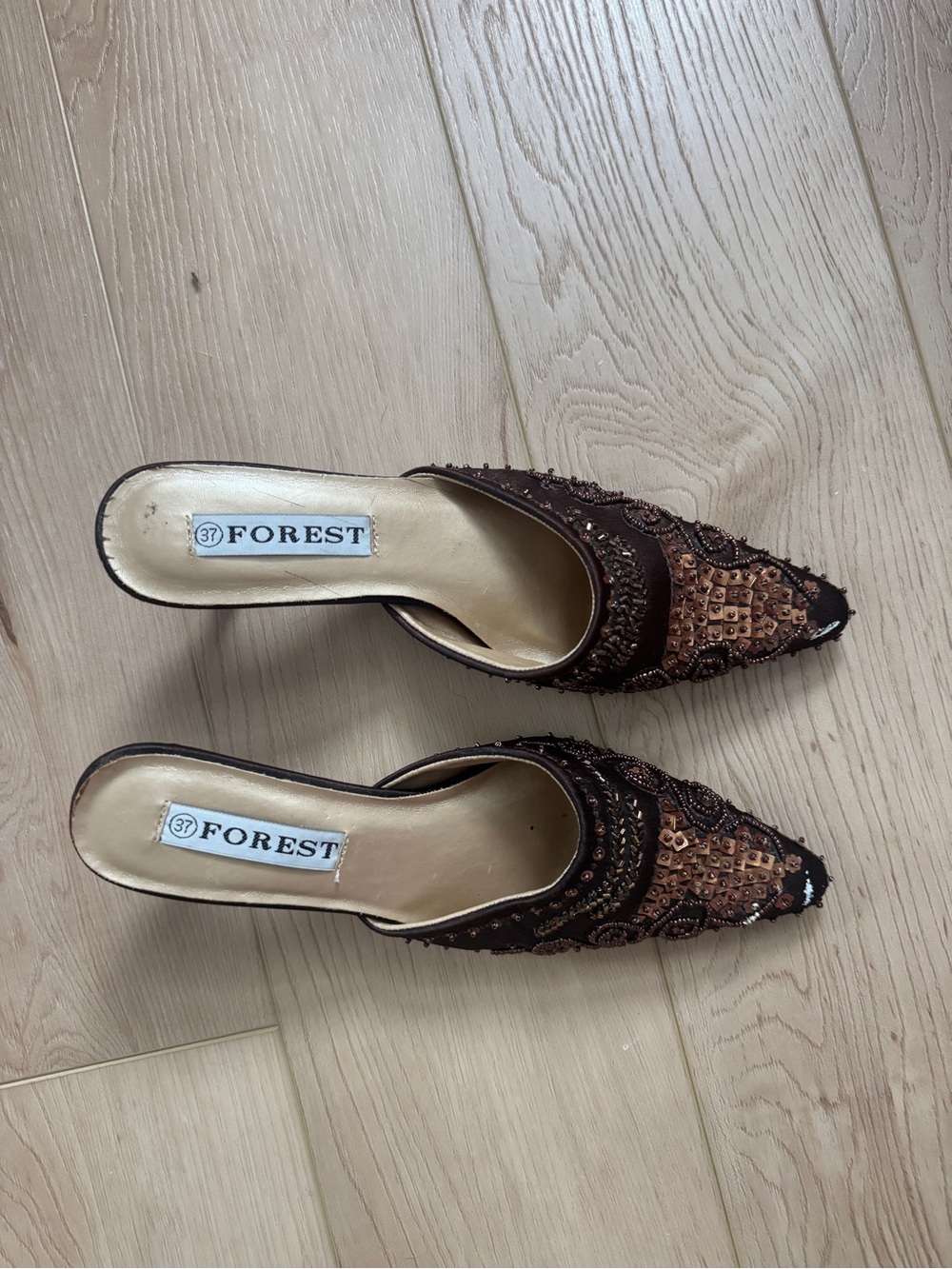Women's Brown Beaded Slip-On Mules